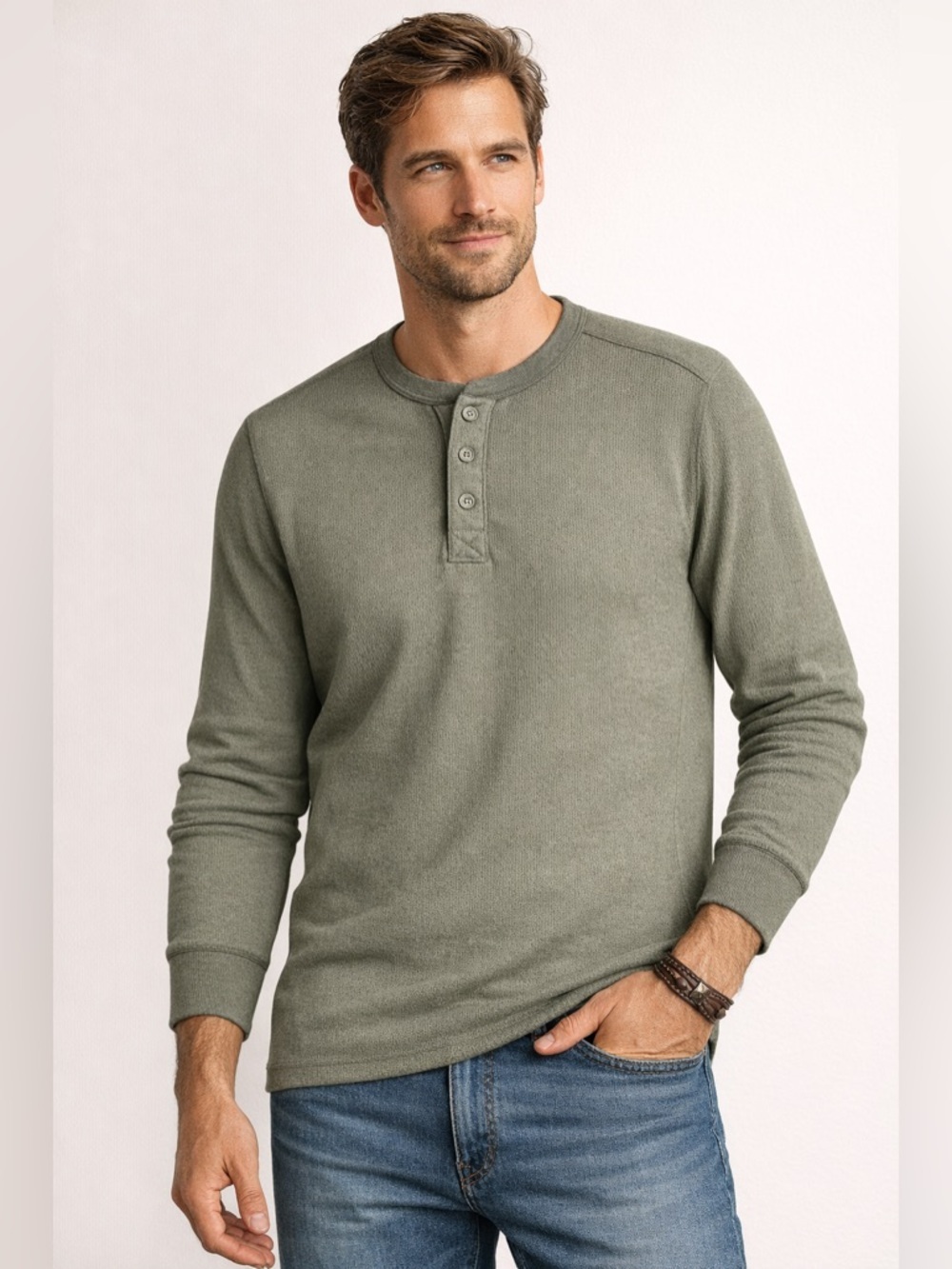 Eddie Bauer Men's Henley Long-Sleeve Shirt in Olive
